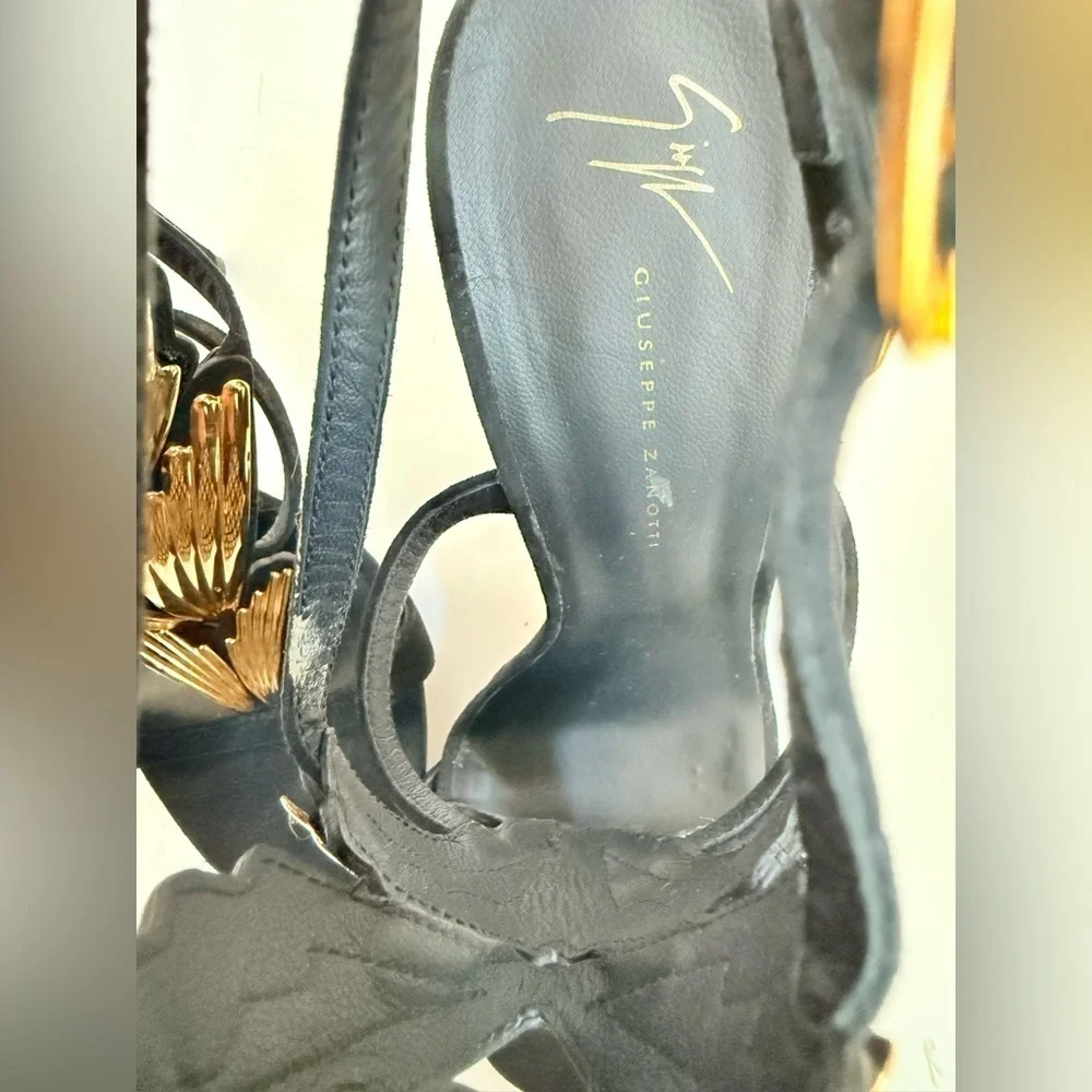 Giuseppe Zannoti Black Suede Leather Gold Wings Cruel 2.0 High Heel Sandals EU41